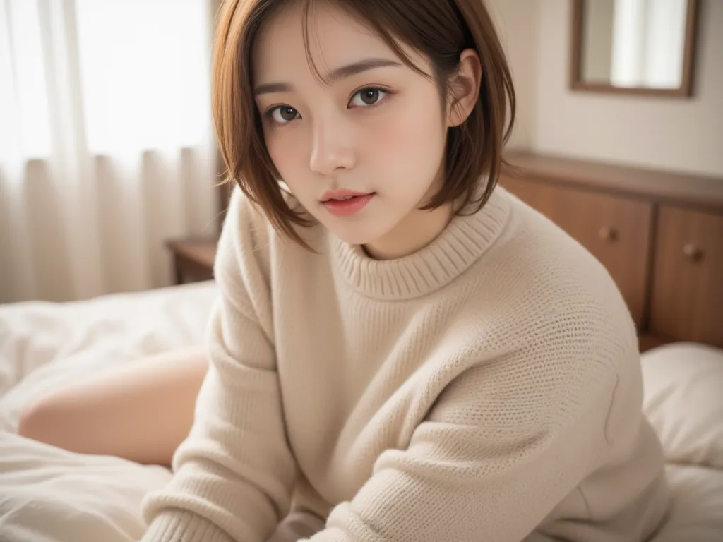 1girl, solo, masterpiece, best quality, hyper detailed, insanely detailed, 16k,  japanese,cute, kawaii, photorealistic, Realism, raw photo, real person,A cute Japanese girl, sitting on a cozy bed, looking directly at the viewer, soft sunlight filtering thr...