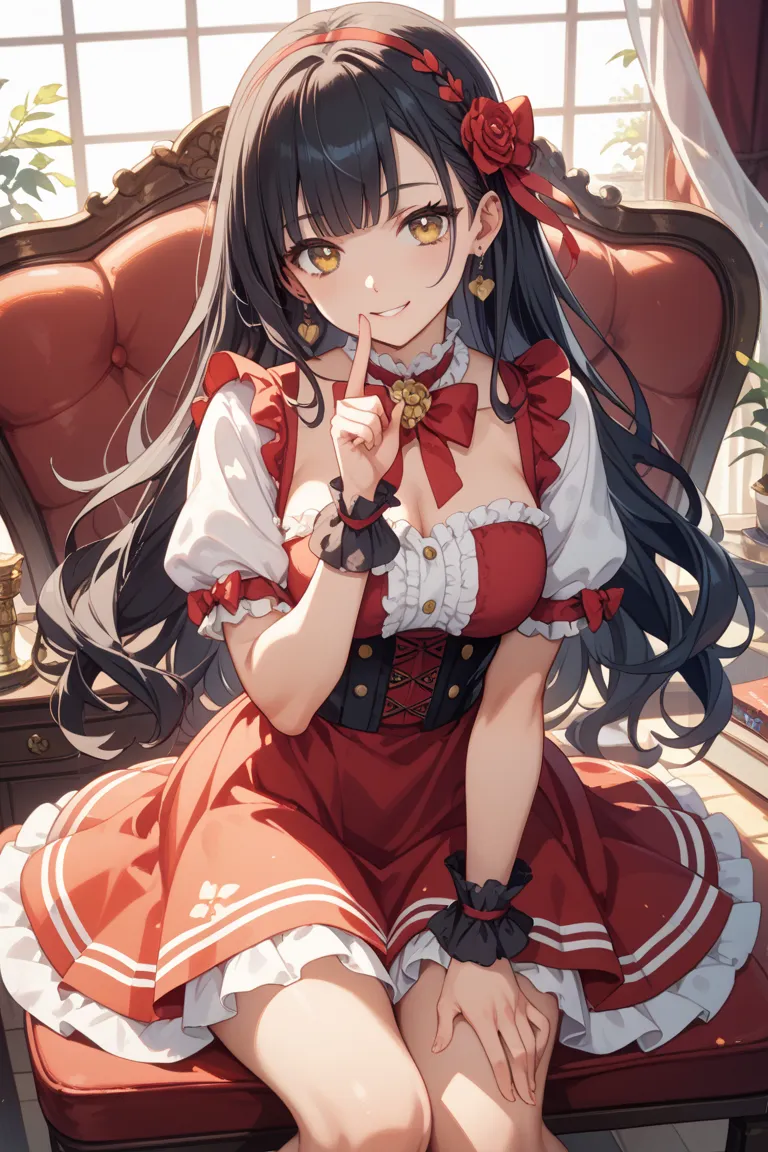 anime style、solo、cute girls、high school girl、muscular and toned body。long black hair and golden eyes（gold）、There is a clean and calm atmosphere。 fingers。

In a lovely room、A scene where she has a mischievous expression and、The scene where they make a teasi...