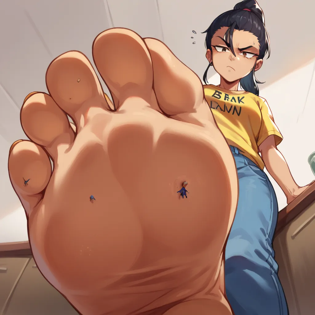 score_9, score_8_up, score_7_up, source_anime, BREAK pov: under giantess,Dark skin tone, black hair,jeans,Yellow lion shirt ,Ponytail hair,from below,Text: GigaTeam,world,earth,sit,bored face,soles,