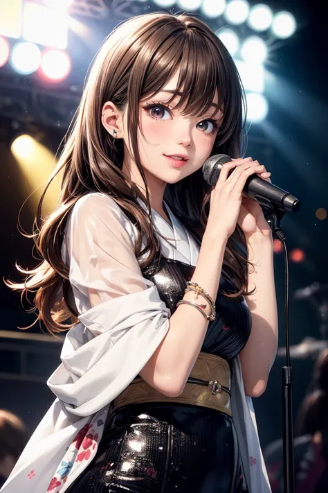 ((masterpiece)), ((best quality)), (ultra-detailed), ((kawaii)), cute, (lovely), ((extremely detailed)), 4K, (8K), best quality, (beautiful), illustration, upper body, a pretty woman, solo, Japanese pop star, (pop star outfit), beautiful brown hair, beauti...