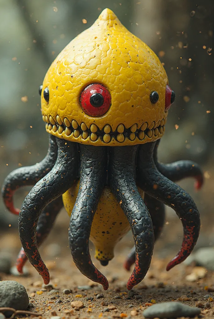 Creature Bellum from The Legend of Zelda Phantom Hourglass, yellow creature with a central eye covered with teeth, with 8 tentacles around, negros finos y delgados con un ojo morado y rojo on the tip  observando aterrador al final de cada tentaluclo, on th...