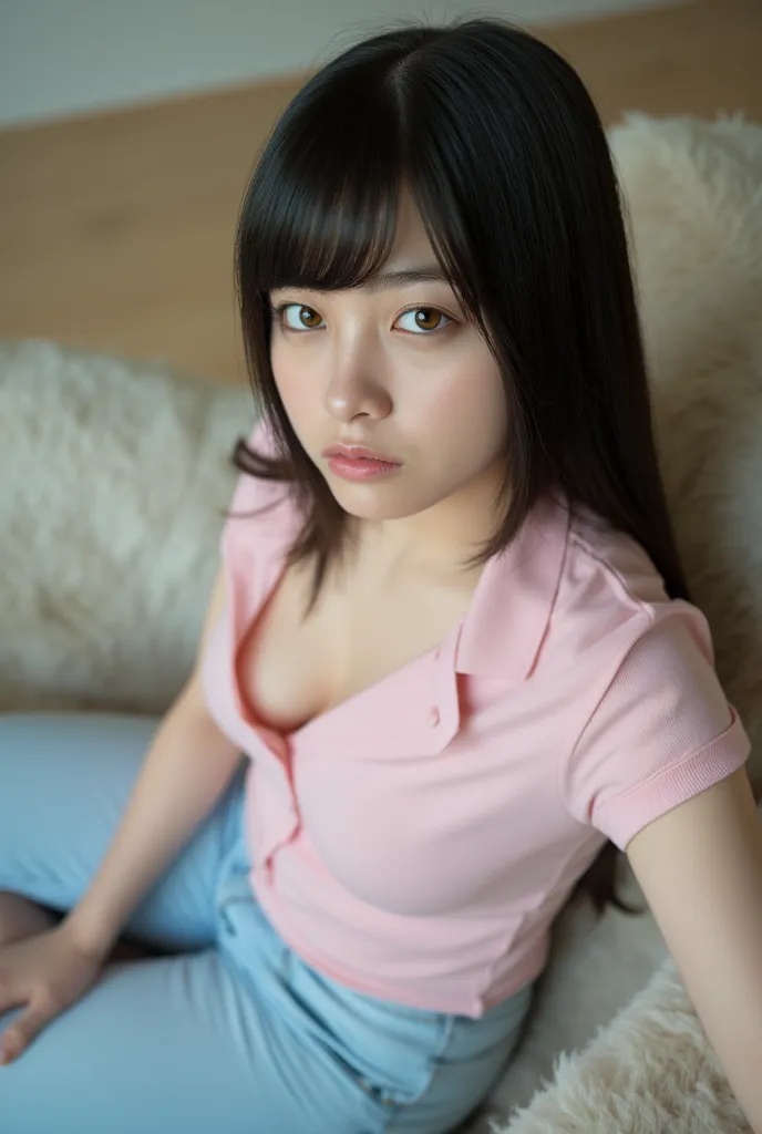 masterpiece, best quality,ultra-detailed,extremely detailed,4K,8K, best quality,beautiful,ultra detailled body,high resolution,Perfect Pixel,Realistic,photo quality,Detailed skin,25-years old japanese girl,(tight pale blue denim pants:1.2),black hair,(blun...