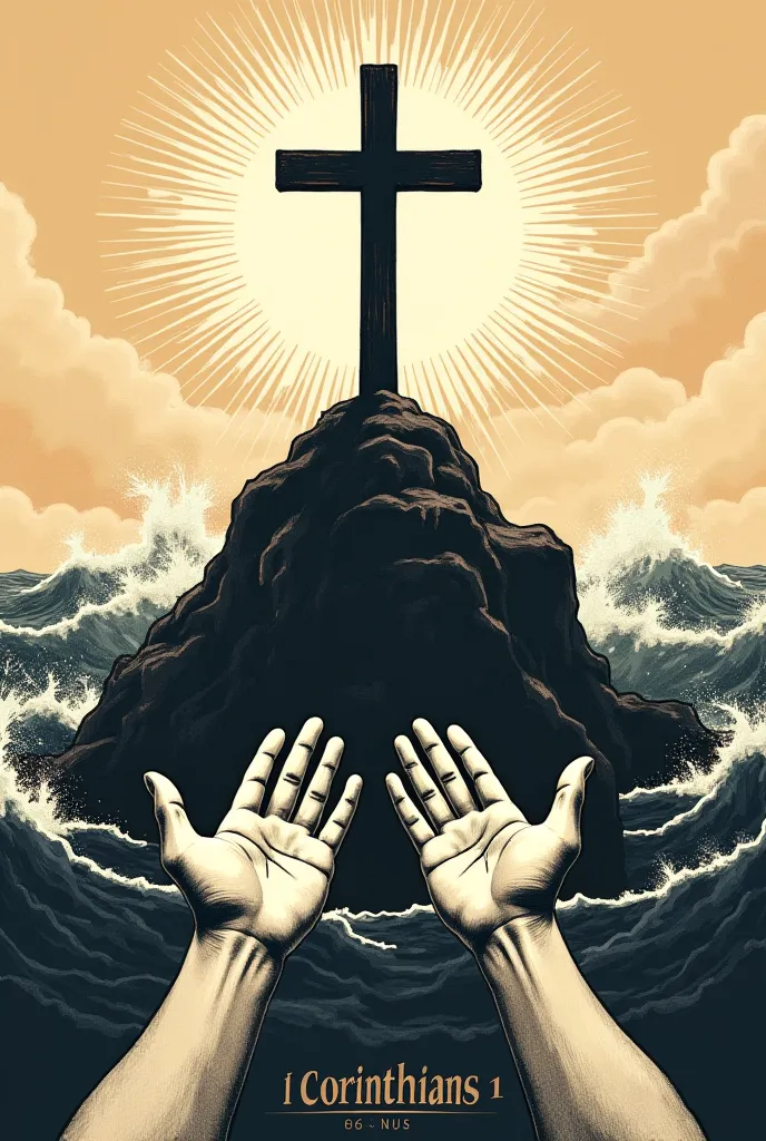 An illustration in religious vintage style with traces of black and beige engraving. The image shows a cross on top of a rock, with rays of light emanating in the background. below, furious waves hit the base of the rock. In the foreground, two hands appea...