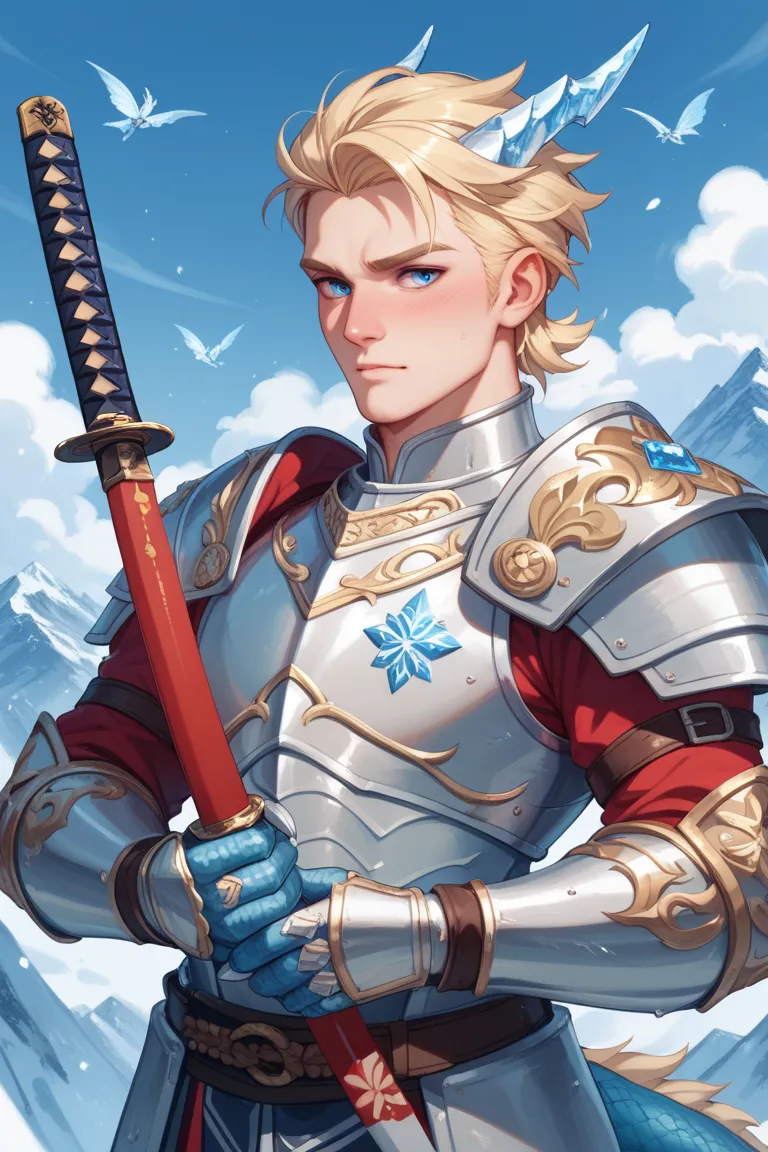 Warrior wearing silver-colored dragon scale armor, blond hair and deep blue eyes, very handsome, with a katana in his right hand that shines with a bluish glow against a background of icy mountains. 