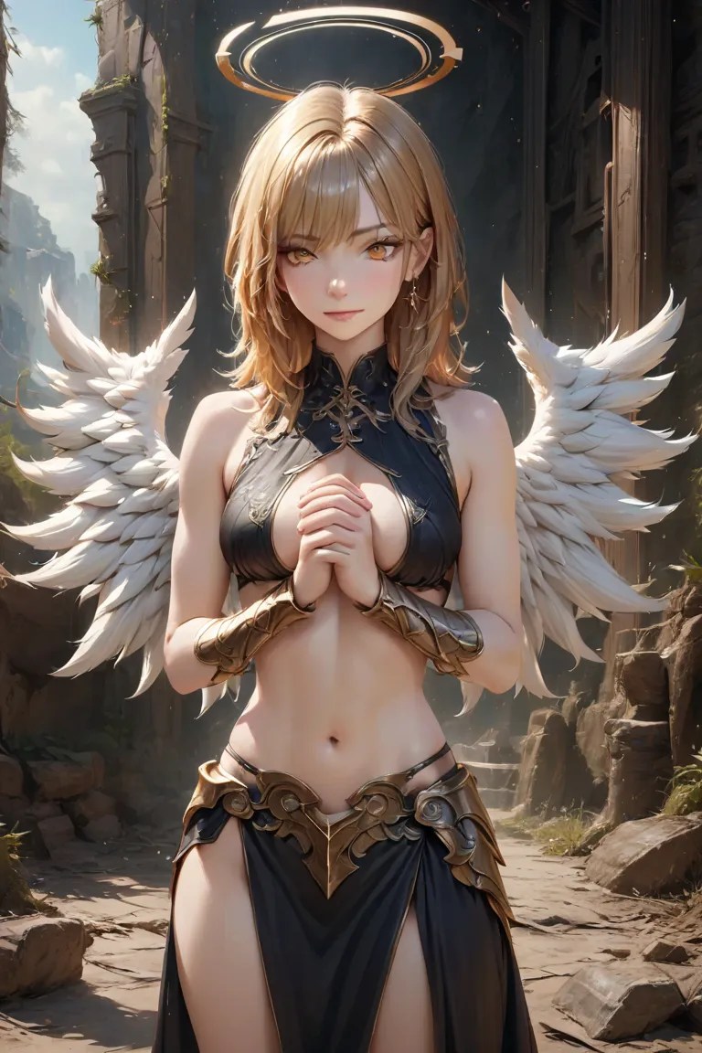 wolf cut hair,gold hair,gold eyes,Sad smile,medium breasts,halo,Angel Wings,angel,black armored dress,earrings,1gils,Stand,own hands clasped,under boob,midriff peek, realistic texture and color ,high quality,5 carefully drawn fingers