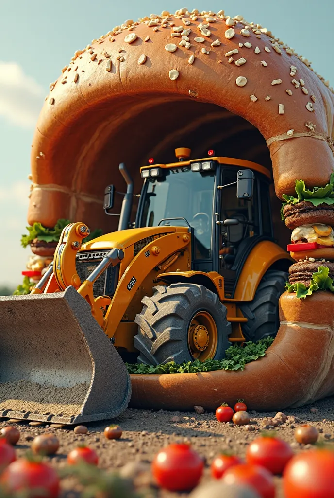 Generate a photo of a backhoe loader in a burger