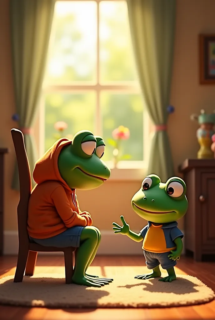 The scene that takes place in a simple and cozy house, where the baby frog, still wearing his cap, hoodie e shorts,  is sitting in a chair , Distracted. The frog mom, with a mysterious smile on his face, approaches the son, with his eyes shining with excit...