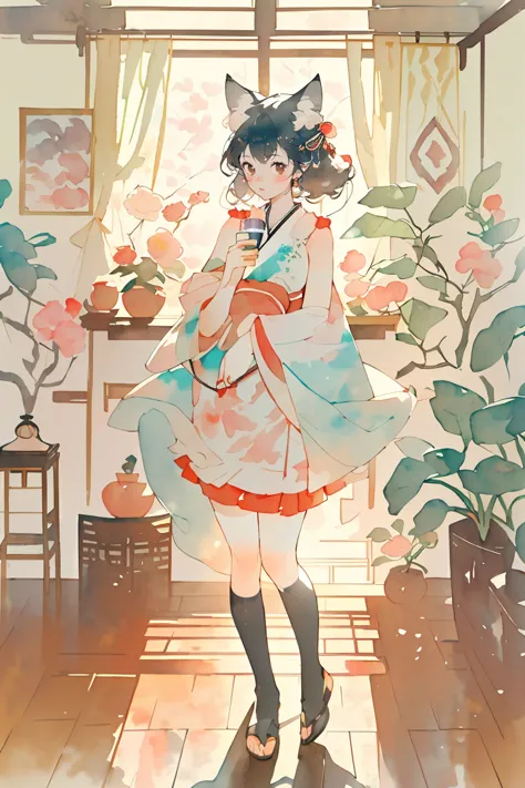 ((masterpiece:1.2)), ((top quality:1.2)),  1girl , ((Cat ears:1.2), hakama short skirt, Kosode , (sleeveless), Japanese house, drinking latte, camellia patterned kimono, thighhighs, head tilt, (candy, room filled, colorful), (full body), bright spring sunl...