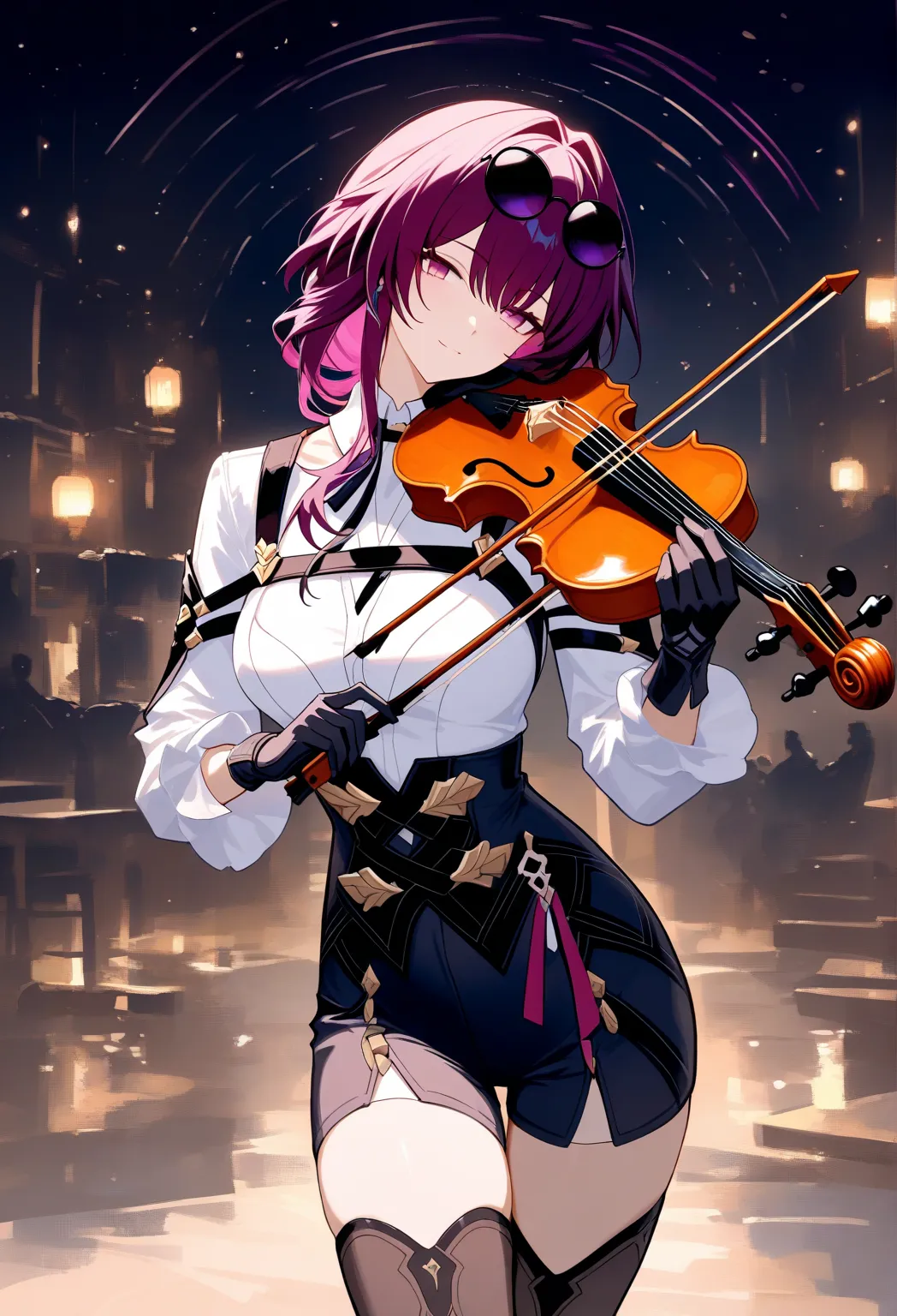 1 girl, sorry:Kafka,  Honkai: Star Trail, sensitive, One, white shirt, black tight shorts ,  black high-heeled boots , black gloves, round sunglasses on the head with purple glasses, black stockings, standing on stage ,  are covered,  plays the violin , he...