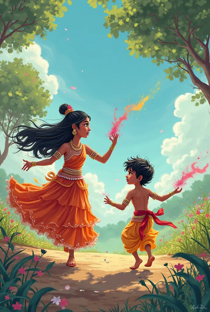 Animation radha krishna cartoon manga  the scene where   Radha is running after Krishna, holding colored powders in her hands, to apply them to him.