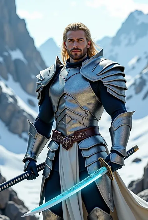 Warrior wearing silver-colored dragon scale armor, blond hair and deep blue eyes, very handsome, with a katana in his right hand that shines with a bluish glow against a background of icy mountains. 