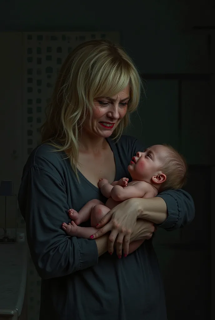 Crying blonde woman holding a baby in her arms in a dark room 