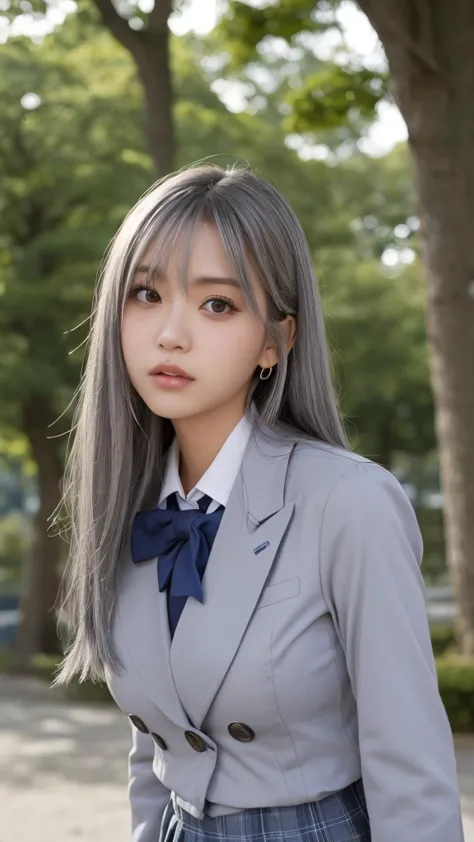 top-quality、超A high resolution、(Photorealsitic:1.4)、1 girl、piercings、(faded ash gray hair:1)、(huge-breasted:1.2)、looking at camera、a closeup、at the park, daytime, Long hair, Fashion Model Pose, japanaese girl, (School uniform:1.4)