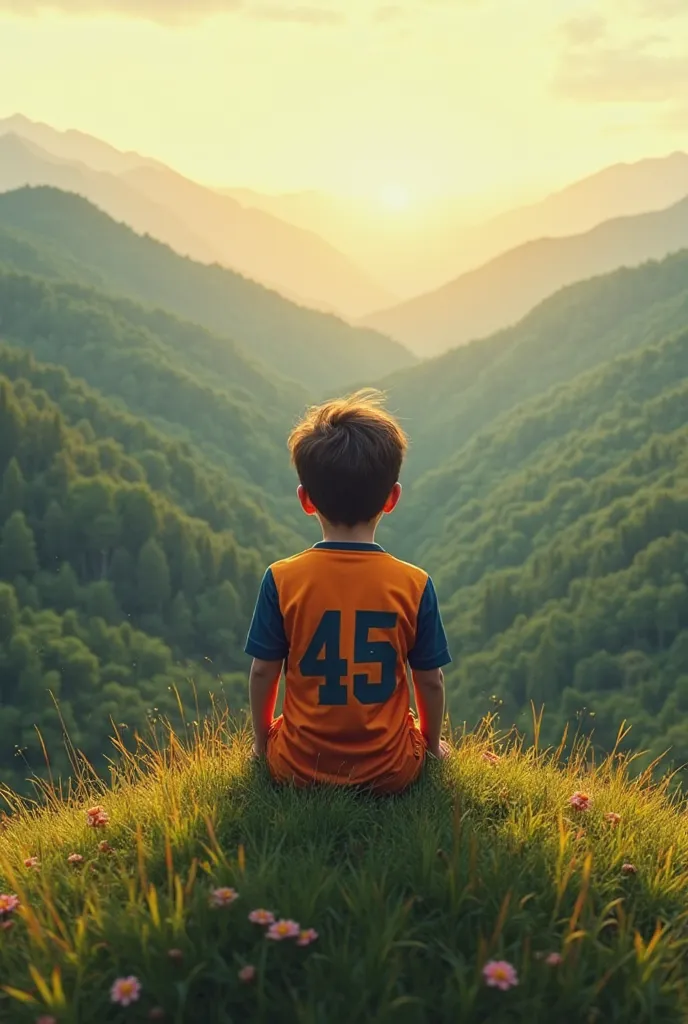 A boy is wear MI jerrsy and he is  and he was sitting on green mountain top and seeing green forest in portrait image and his jerrsy no. Is 45. 