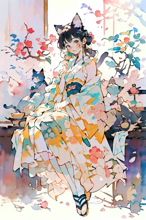 ((masterpiece:1.2)), ((top quality:1.2)),  1girl , ((Cat ears:1.2), hakama short skirt, Kosode , (sleeveless), Japanese house, drinking latte, camellia patterned kimono, thighhighs, head tilt, (candy, room filled, colorful), (full body), bright spring sunl...