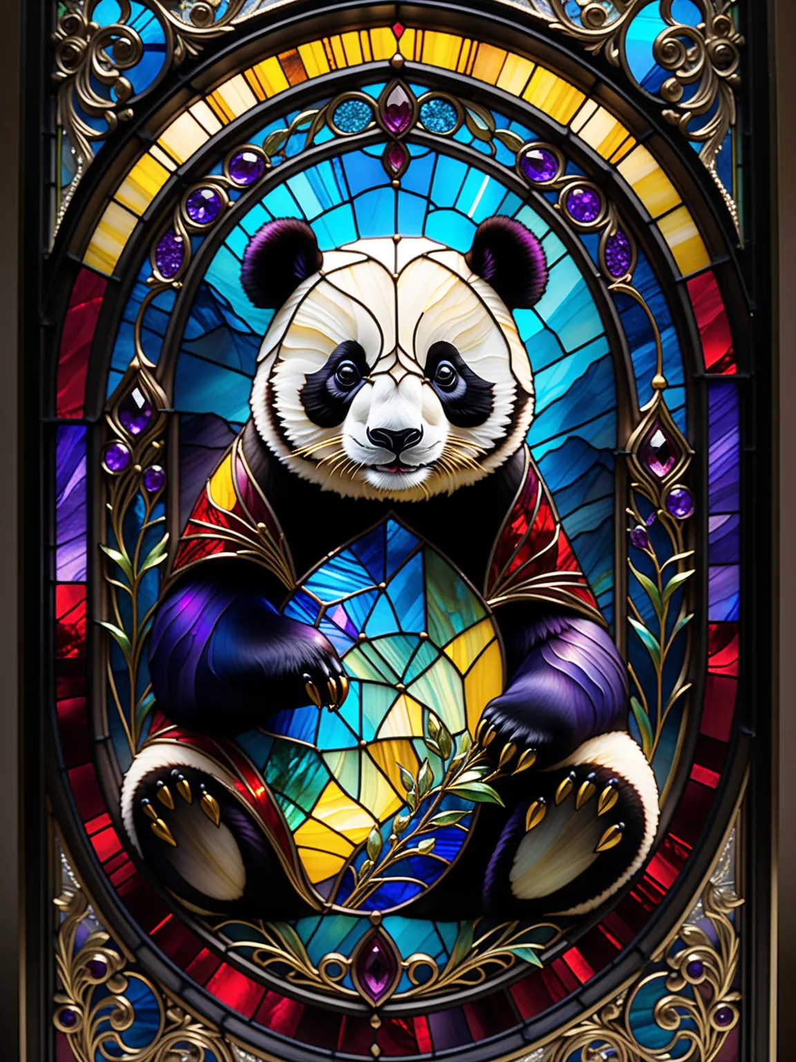 Three primary colors , like the movie, Close up of a stained glass panda, stained glass panda, Baroque, Claora, very detailed stained glass, amethyst crystal, Iridescent Labradorite Crystals,  Andy Kehoe , John Blanche, intricate and highly detailed backgr...