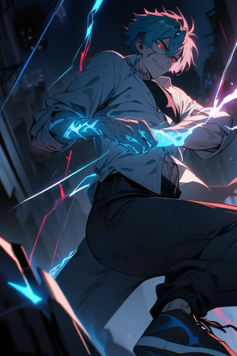 Male ager ,solo, black undershirt, white unbutton down shirt, sinister look, black jean pants, black sneakers, teal hair,, scar around his neck, red eyes, sinister look, masterpiece, best quality,, night, blue lightning power, blue glowing arms veins ,blue...