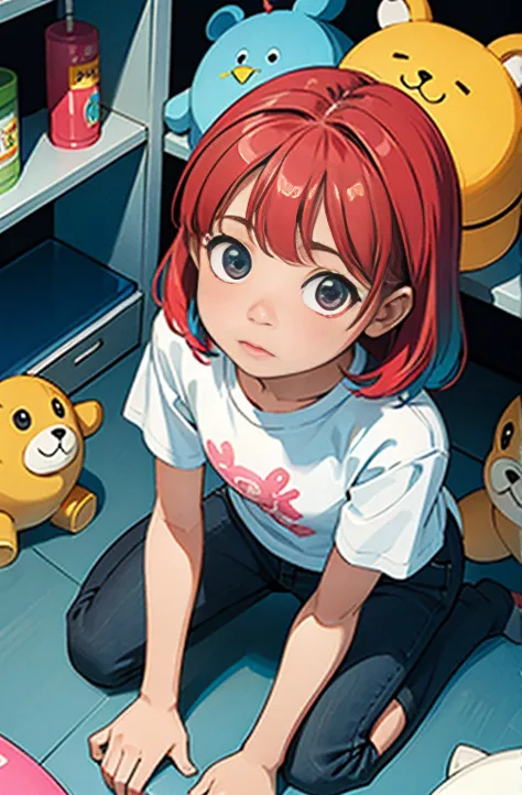 (masterpiece, highest quality), (colorful:1.4), From above, alone, One girl crouching on the ground in a store with a lot of stuffed animals on the shelves, Depth of bounds written,whole head,Pinky T-shirt,cute,