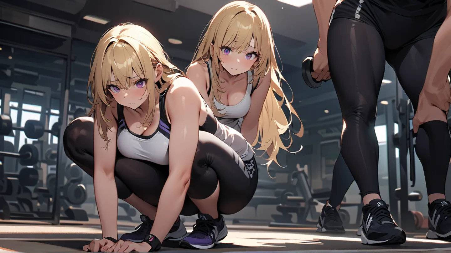 1 girl, alone, solo,
((top quality、High Resolution、very detailed 8K wallpaper))

purple eyes, (long hair,blonde hair),medium boobs,mature,Expression of effort, seems to be in pain, sporty look,sporty leggings,

doing squats while carrying a barbell at the ...