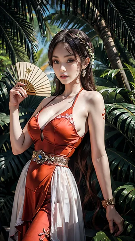 A Taiwanese beauty, wearing a red traditional bridal dress, holding a Palm leaf fan from Journey to the West,