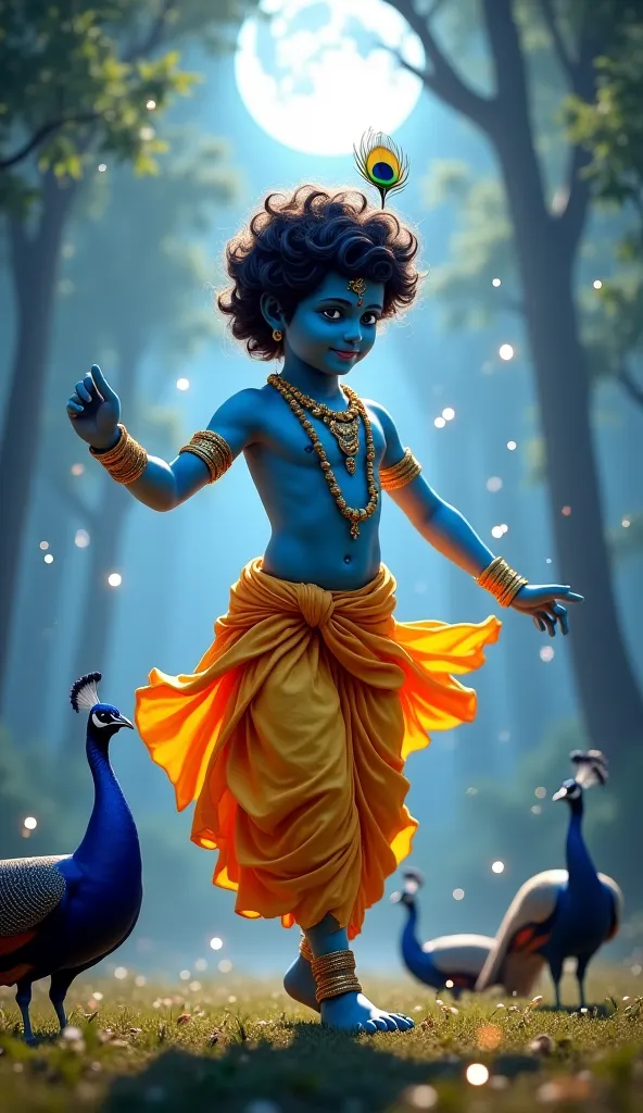 ultra-realistic, breathtaking digital painting of Lord Krishna dancing gracefully under the moonlit sky, surrounded by peacocks in a serene forest. His radiant blue skin glows with divine energy, illuminated by the soft light filtering through the trees. K...