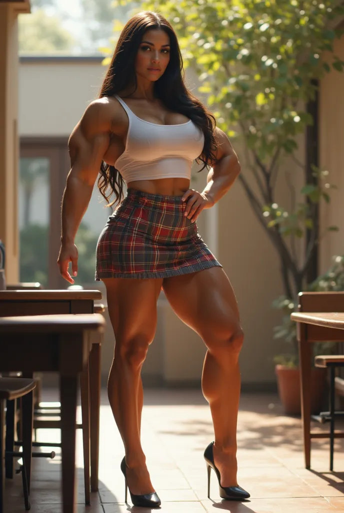 Pose: Standing in a sunny high school courtyard, one leg slightly bent, her high heels accentuating her muscular calves as she rests one hand on the table and the other on her hip, exuding confidence and authority, Ethnicity: , Age: 16, Body Description: E...