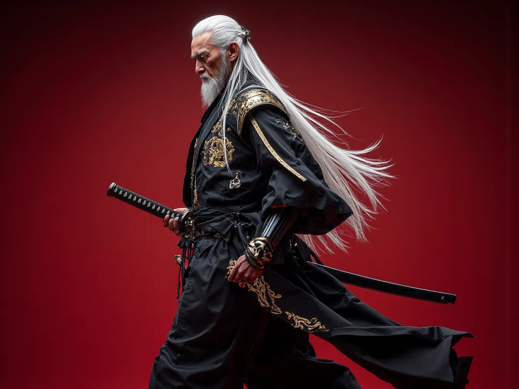 Old Man's Vintage Chinese Dress, Walking with a sword,  arrogant posture , One person in the picture, face,  elegant, Battle Ending Backgrounds, Squint, Drop it off,  Fierce Face, White hair, Dark Black Dress with Gold Trim, Shiny suit, long white hair ,  ...