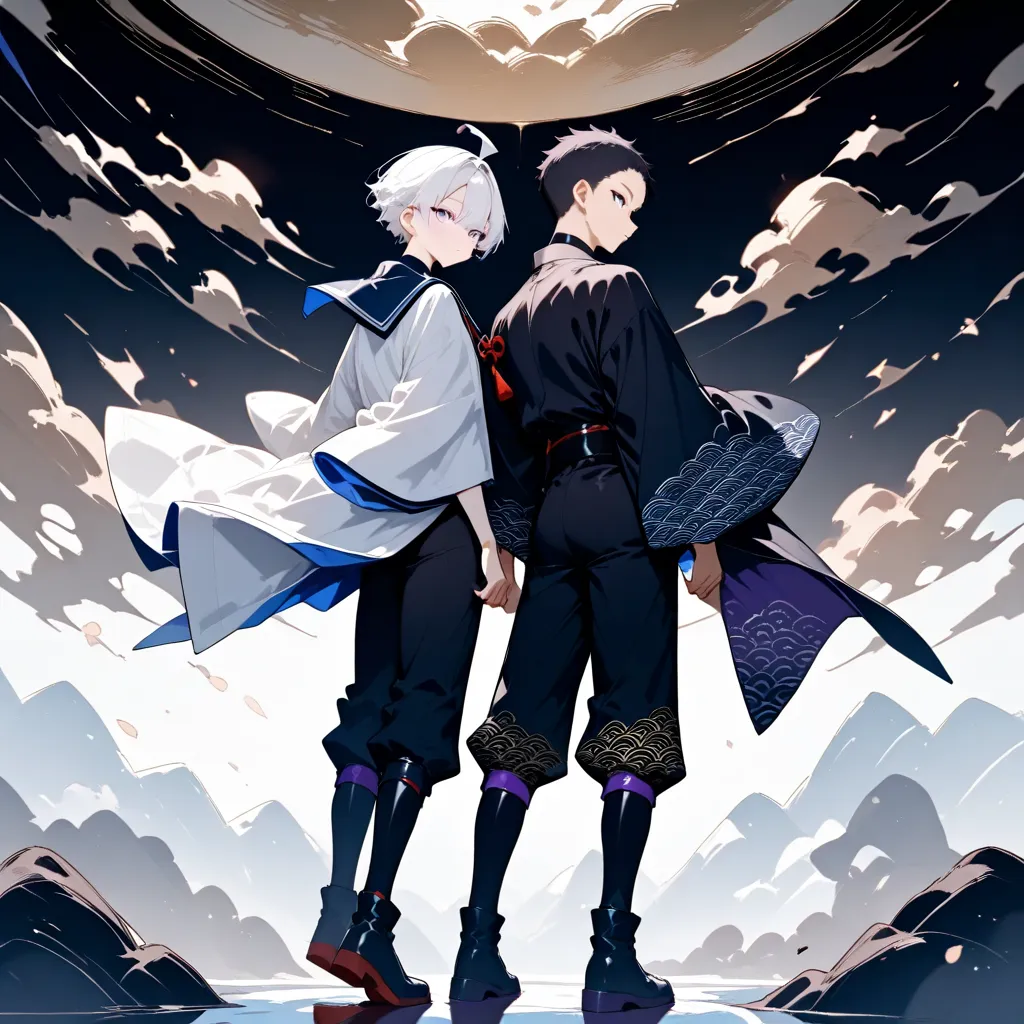 masterpiece, high score, great score, absurdres, 2boys,standing,fair skin,male focus, (duo:1.1), (couple:1.2),short white hair, parted bangs, side fringe, purple eyes,toned,twink,black haori,white kinono, purple cords,black obi,open collar shirt,black chok...