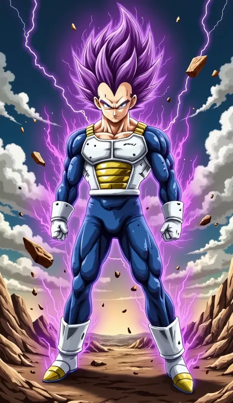 "Handsome Majin Vegeta stands in the air. His muscular body is covered by a blue combat bodysuit. Furious sharp eyes. Erect purple hair, surrounded by a deep purple airflow with intense lightning flashes. Flying debris hovering around showing his overwhelm...