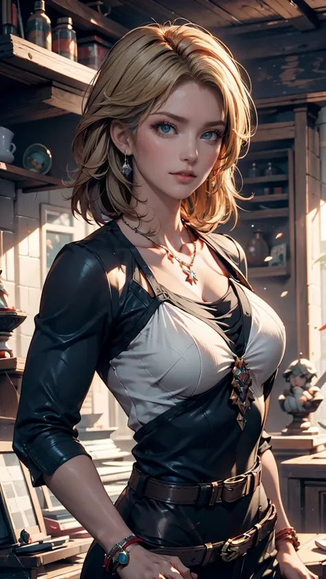 best quality, masterpiece, Eye Reflexes, best quality, masterpiece, mercy Eye Reflexes, alone,  sculpture, blond with a big face,Overwatch Merci Style Hairstyle, green eyes, Two wrist, Tomb Raider Style Neckline Clothes , Practical belt, alone, command roo...