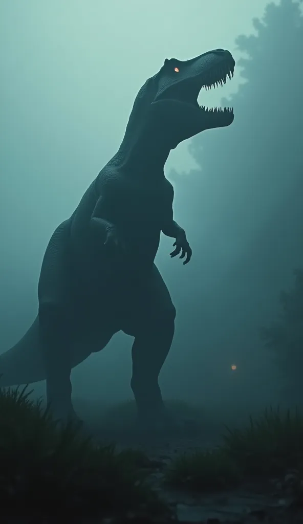 "An enormous silhouette of a carnivorous dinosaur (similar to a T-Rex) emerges in thick fog. Its eyes shine with a mysterious reflection as it lets out a deafening roar. The atmosphere is dark and humid,  with an aura of mystery ."

Cinematic and realistic...