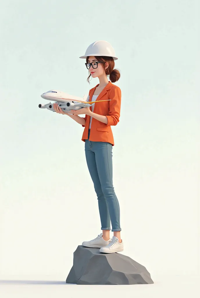 20-year-old woman with light brown hair wearing square black lenses and a white architect helmet with a plane in her hands standing on a rock animated style white background 
