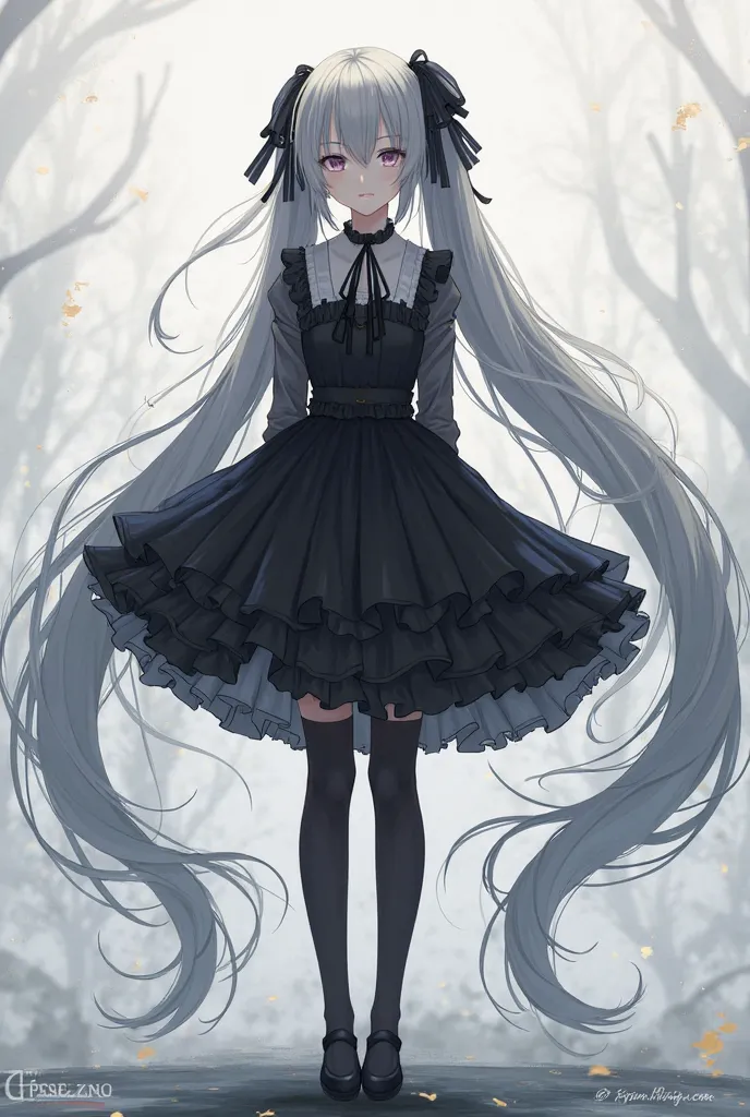 1 girl, Terrible ( Azure Lane ), Standing position,  long hair, , small breasts, Double Tail, Dress, tights, Gray hair, black Dress, frilled Dress, ft, ribbon, hair ribbon, very  long hair
