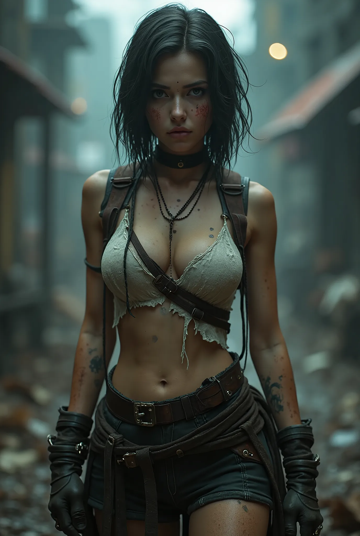 (((high resolution))), (((extremely detailed))), ((masterpiece)), dramatic shadows, depth of field, analog photo style, (world in which are collide steampunk and postapocalyptic aesthetic), cute female in tattered dirty clothes, ((looks like Aerith Gainsbo...