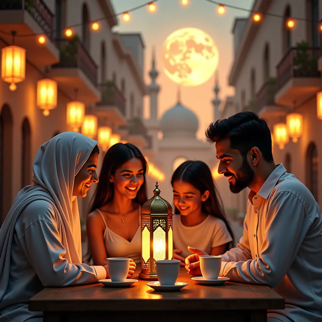 A magical Iraqi Ramadan night under a starry sky, illuminated by the golden moon of Ramadan with its quiet light. in the middle of an old vibrant street. An Iraqi family of three members sits around a wooden table placed in the middle of the road, as if th...