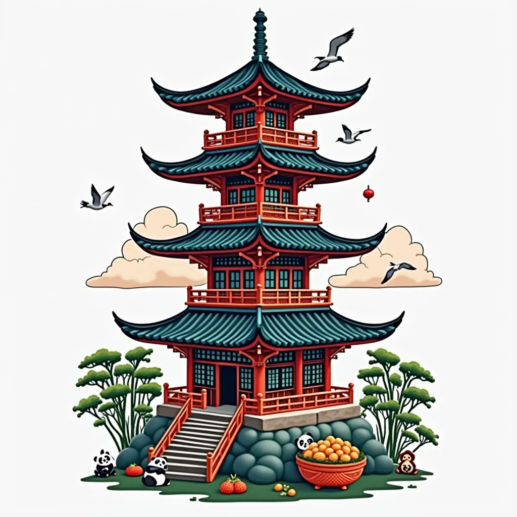 Illustrates a skyline with a traditional Chinese city, where you can see traditional architecture buildings, animals like panda or seagull, vegetation like bamboo and traditional food, vector style, deep blue sky, blooming clouds. Realism, mote kei, UHD im...