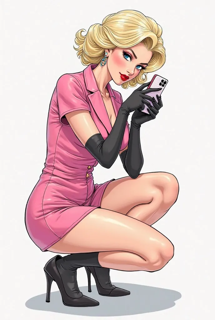 A manga-style drawing of a plump, luxurious Marilyn Monroe hair-styled woman crouching down and taking pictures with a smartphone in a pink short-sleeved suit and very short miniskirt, wearing black high heels and long gloves that reach down to her shoulde...