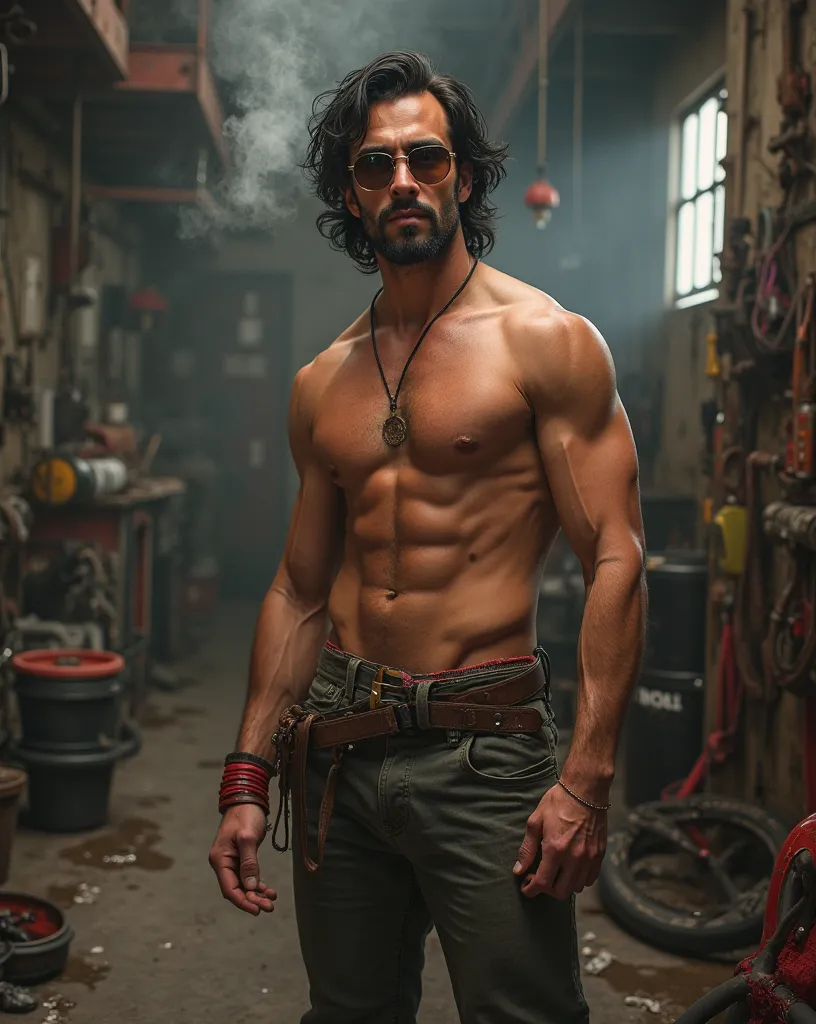 Front view ultra-wide shot captures a 30-year-old handsome Caucasian man with muscular physique, long wavy black hair with brown shades, small nose, and brown eyes. He sports a short trimmed beard, sitting shirtless on an old car's bonnet in a rusty garage...