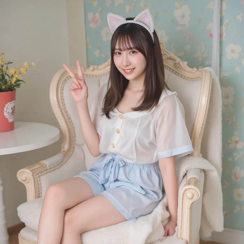 A young woman with long wavy brown hair sitting on an elegant cream-colored armchair with intricate detailing. She wears a delicate white and pastel blue pajama set with ruffled edges and a small bow detail, paired with fluffy white slippers and cat ears h...