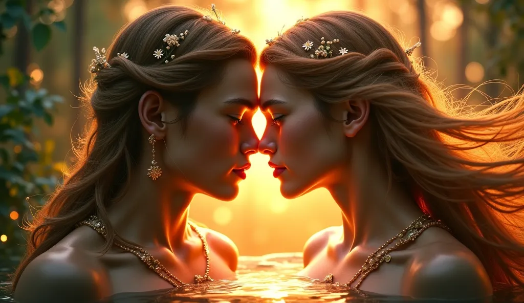 a whispering female AND MALE figure, delicate facial features, radiant skin, soft expression, long flowing hair, ethereal presence, warm ambient lighting, dreamy atmosphere, lush natural environment, glowing highlights, detailed textural elements, photorea...