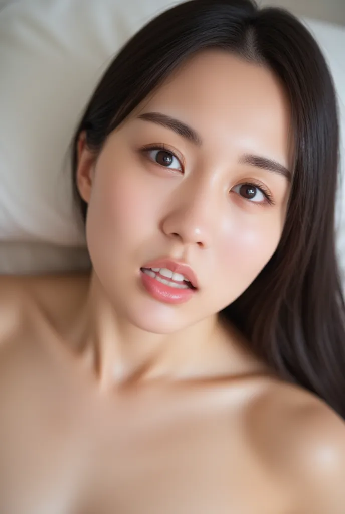 Photorealistic, 8k, soft diffused afternoon light, one woman, Japanese, 163cm tall, wet black hair, nude, large breasts, lewd eyes into the camera, overhead close-up shot of face, lying flat on bed with mouth wide open, on bed, afternoon, diffused afternoo...