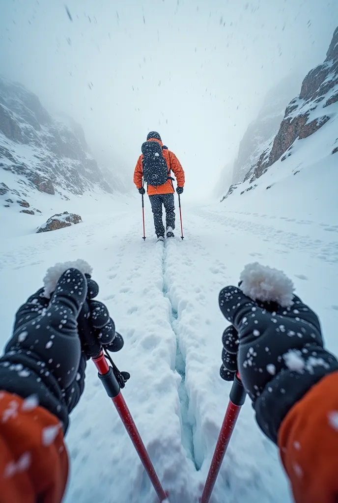 An ultra-realistic point-of-view (POV) style image, capturing the first-person perspective of an explorer taking his first steps into deep snow. The icy wind blows hard, lifting snow particles around. Hands firmly grip a pair of trekking poles, stabbing th...