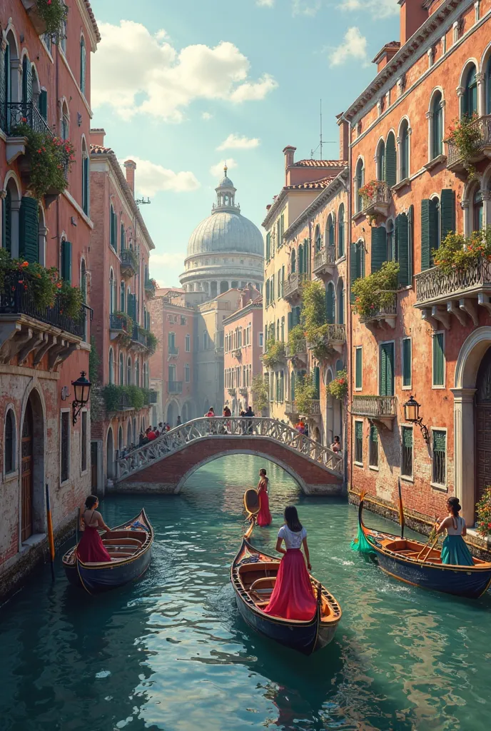  city, similar to Venice, channels and classic buildings, typical boats, Venice Carnival, something like that, photorealistic, it at the channel