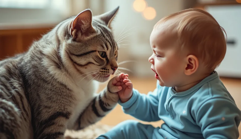 A medium-sized gray and white cat gently places a paw on the arm of the  baby, still dressed in his blue star-patterned pajama. The baby continues to cry but looks at the cat with curiosity.