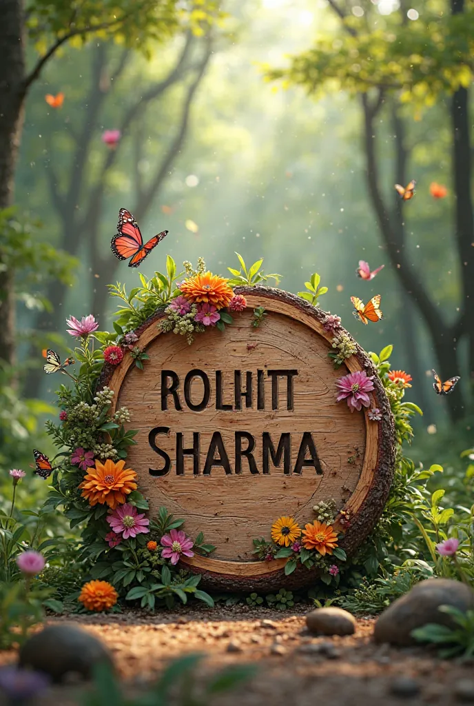 A CAPTIVATING 3D RENDER OF A WOODEN LOG MASTERFULLY CARVED WITH THE NAME "ROHIT SHARMA" IN AN ELEGANT, INTRICATE FONT. THE LOG IS ADORNED WITH ELABORATE DESIGNS. COLORFUL FLOWERS, AND VIBRANT FOLIAGE, CREATING A STRIKING VISUAL EFFECT. SUSPENDED ABOVE THE ...