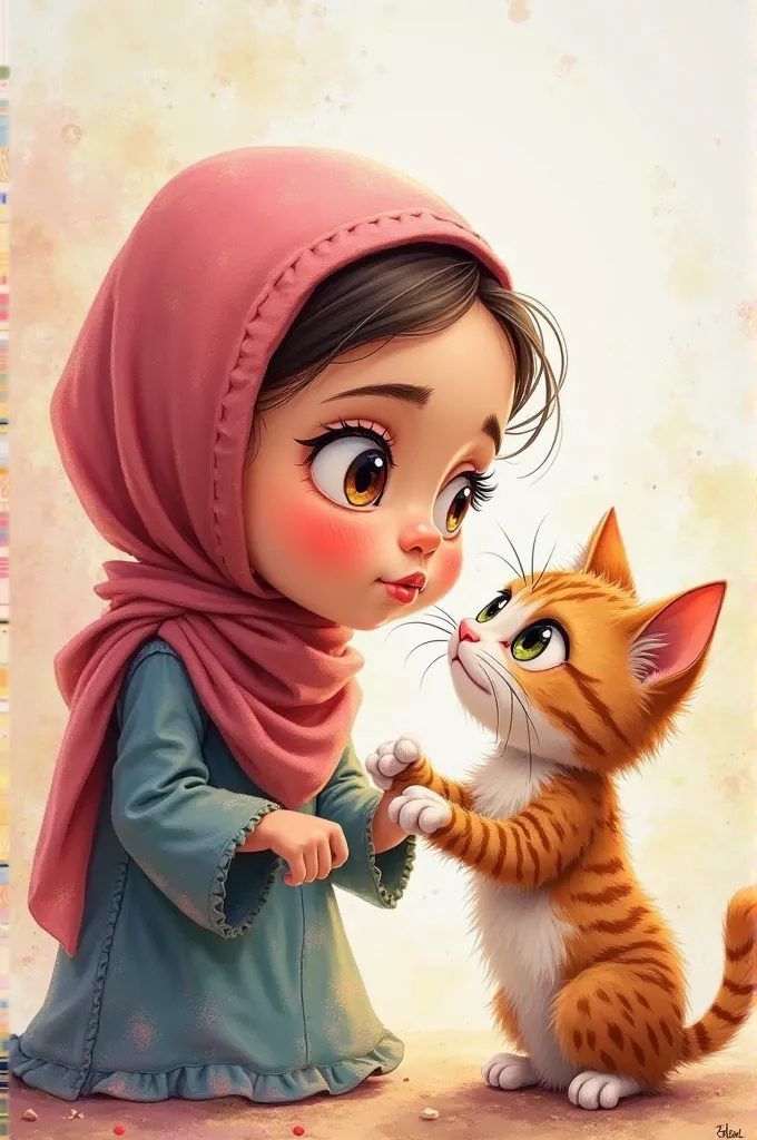 A render high resolution of 4D caricature with a close-up, side angle shot. The face of a hijab-wearing girl holding and trying to kiss a cute cat, but the cat refuses to be kissed and instead pushes back with both its paws on the girl's chin and mouth. A ...