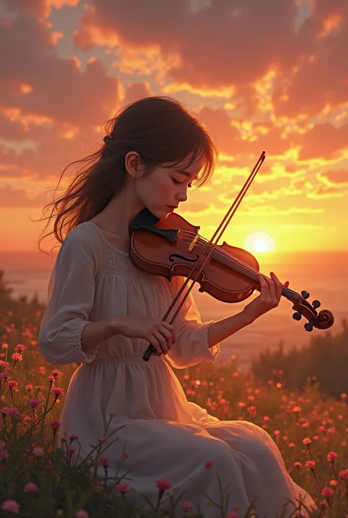 Girl sitting playing the violin with sunset in the background
