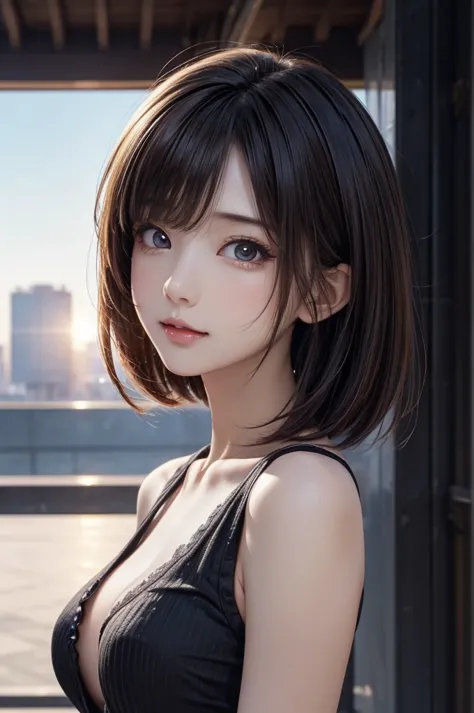 1girl, medium shot angle, upper body, looking up the sky with sunlight, cyber city, Digital painting, kawaii anime, straight bob hair, brown eyes, beautiful breasts, (masterpiece, best quality, very aesthetic, ultra detailed:1.2), intricate details, high r...