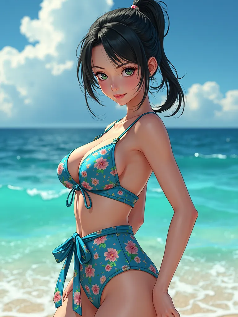 A pretty, very white 16-year-old girl, , shown as jinbe, (jinbe) , former member of the Sun Pirates pirate group and currently a member of the Straw Hat Pirates group.,Asian, Intense Gesture,bright seascapes,clear air,Bright colors,Real People Photos,Virtu...