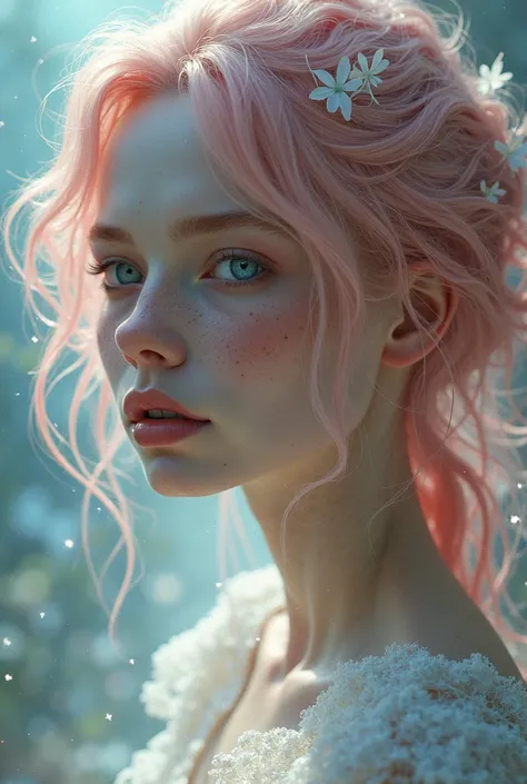 Very Realistic Soft Pink Hair, Freckled, Blue Eyes Fantasy Girl